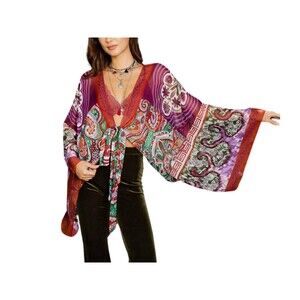 Boho Tie Front Wrap With Armholes Red Green Maroon  Layering Beach Scarf Shawl